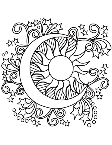 Pop Art Sun, Moon, And Stars Coloring Page